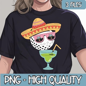 Peut inclure: Un t-shirt noir avec une balle de golf portant un sombrero et des lunettes de soleil, tenant une margarita. La balle de golf a un design blanc et noir. Le texte "3 FICHIERS" est dans le coin supérieur droit de l'image. Le texte "PNG - HAUTE QUALITÉ" est en bas de l'image.