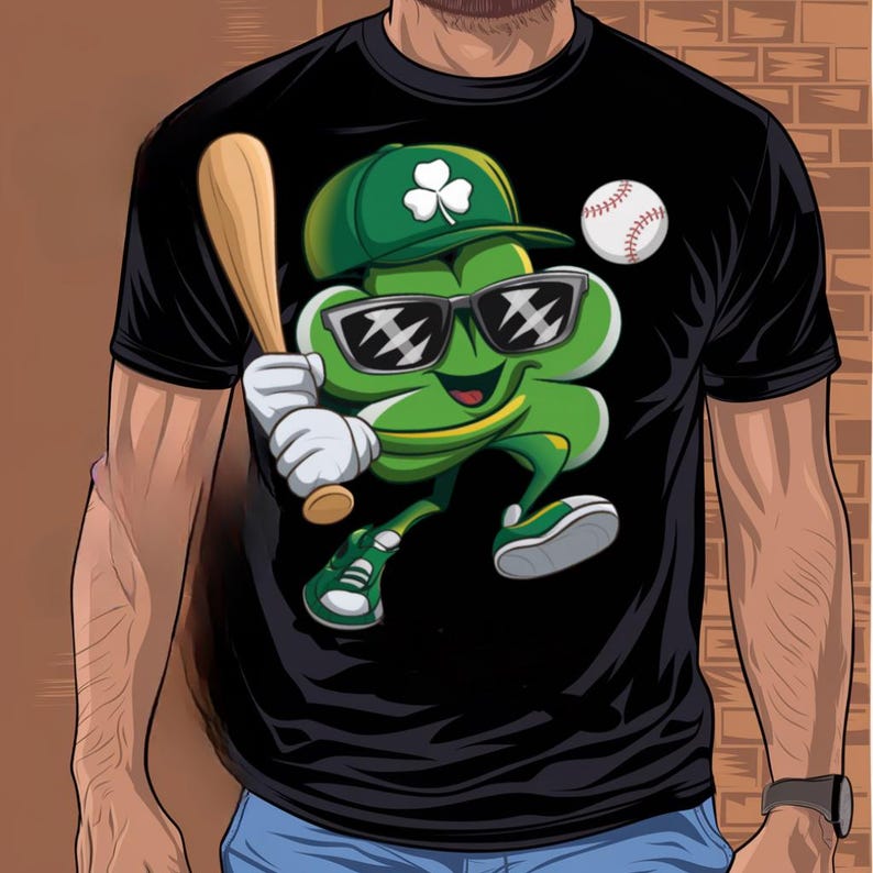 May include: A black t-shirt featuring a green cartoon clover wearing sunglasses and holding a baseball bat. The clover is wearing a green and white baseball cap with a shamrock on it. A baseball is in the background.