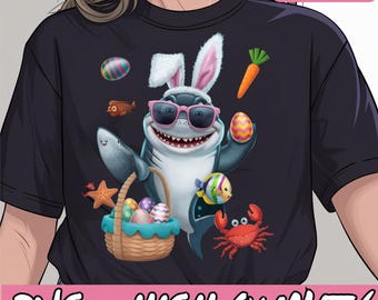 Happy Easter Shark with Bunny Ears and Cool Designs PNG, Easter Fun for Kids: Shark, Bunny, and Egg Hunting, Easter Shark Png