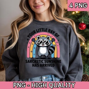 May include: Dark gray sweatshirt featuring a cartoon raccoon wearing sunglasses, arms raised, and a rainbow. Text reads "YOUR LITTLE RAY OF SARCASTIC SUNSHINE HAS ARRIVED". The image also includes the text "4 PNG" and "PNG - HIGH QUALITY".