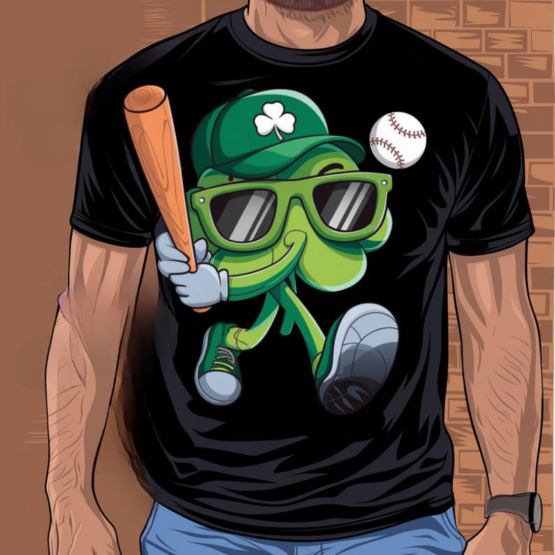 May include: A black t-shirt featuring a green shamrock wearing sunglasses and a baseball cap, holding a baseball bat. The shamrock is wearing a baseball cap with a green shamrock on it. The shamrock is holding a baseball bat in its right hand and a baseball in its left hand.