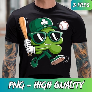 May include: A black t-shirt featuring a cartoon image of a green four-leaf clover wearing sunglasses and a green baseball cap. The clover is holding a baseball bat and a baseball is flying in the air. The text "3 FILES" is in the top right corner of the image.