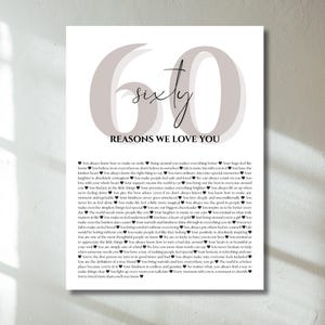 Modèle modifiable d'affiche 60 raisons pour lesquelles nous t'aimons, cadeau personnalisé pour 60e anniversaire, décoration 60e anniversaire imprimable, téléchargement numérique, toile