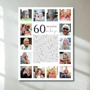Editable 60 Reasons We Love You Photo Collage Poster Template, Personalized 60th Birthday Gift & Printable Decor, Digital Download, Canva