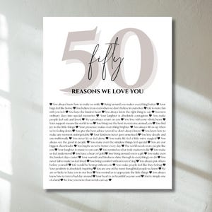 50 motivi per cui ti amiamo Poster modello modificabile, regalo personalizzato per il 50° compleanno, decorazione stampabile per il 50° compleanno, download digitale, Canva