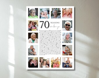 Pôster de colagem de fotos para aniversário de 70 anos, presente personalizado, modelo do Canva (download digital)