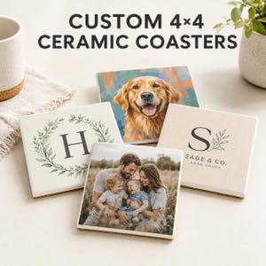 May include: Four square ceramic coasters with cork backing, each measuring 4x4 inches. Designs include a golden retriever portrait, a family photo, a letter H in a botanical wreath, and the text S SAGE & CO. HOME GOODS with a leaf graphic.