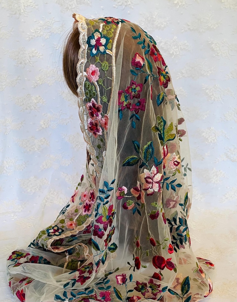 Embroidered Floral Infinity Veil: Catholic Mass Veil image 2