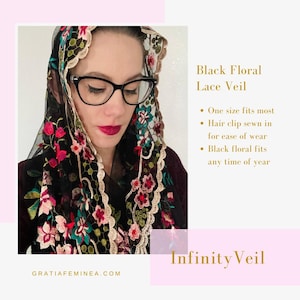 Catholic Veil Black Floral Embroidered Infinity Veil Catholic Chapel Veil