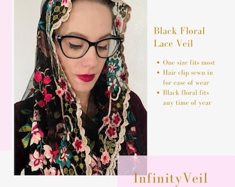 Black Floral Embroidered Catholic Infinity Veil: Chapel Head Covering