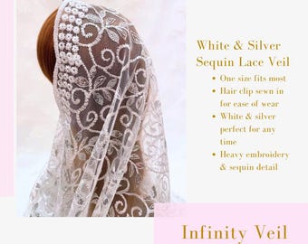 White and Silver Lace Catholic Veil: Infinity Chapel Veil with Clip
