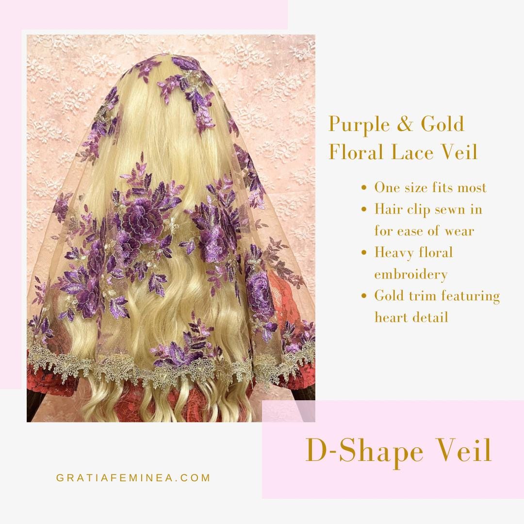 Purple and Gold Floral Lace Catholic Chapel Veil - Lent & Advent