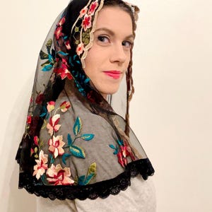 Black Floral Embroidered Chapel Veil Catholic Mass Veil