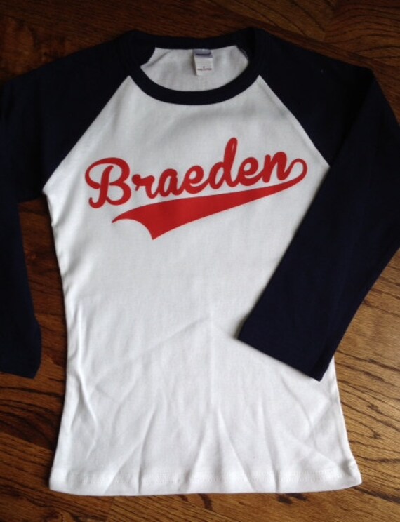 Items similar to Personalized baseball shirt white with navy sleeves