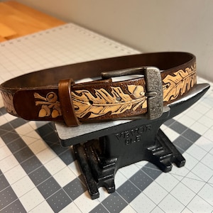 Hand Embossed and Stamped Leather Belt- Leaf and Acorn
