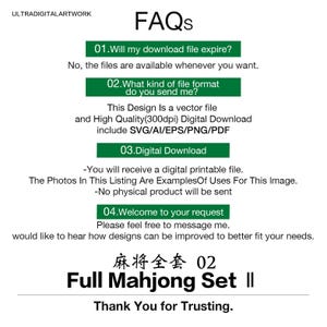 Puede incluir: Un gr&aacute;fico blanco con el texto "FAQs" e informaci&oacute;n sobre una descarga digital. El texto incluye detalles sobre formatos de archivo, disponibilidad y un mensaje de bienvenida. Debajo, se muestra el texto "Full Mahjong Set II".