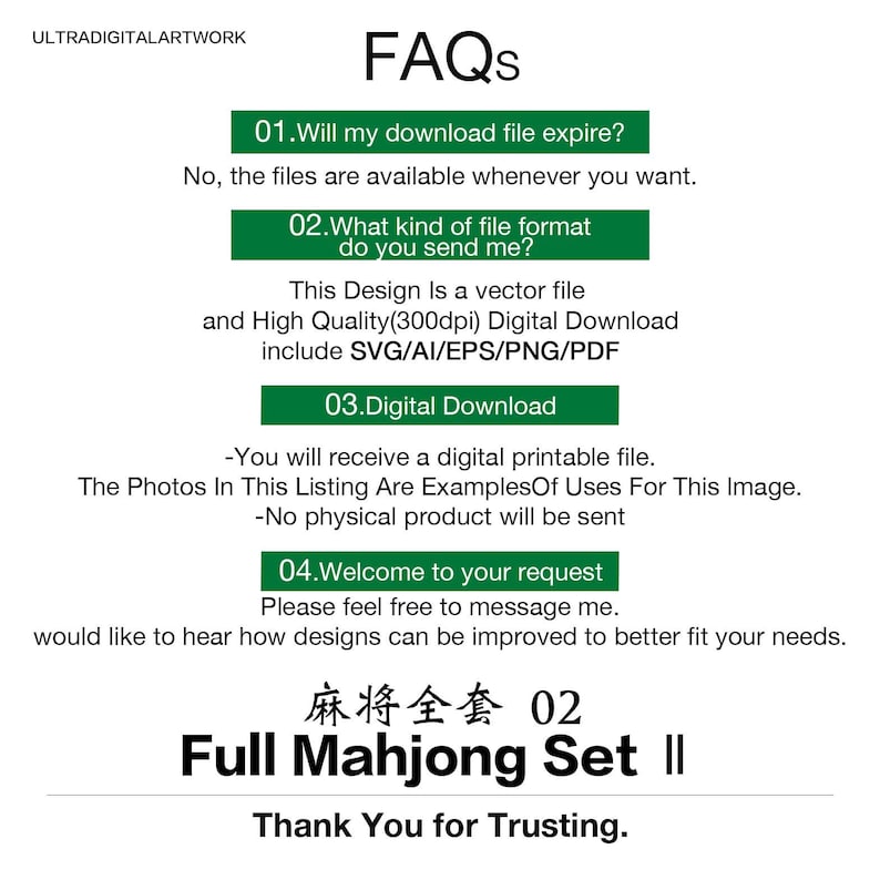 Puede incluir: Un gr&aacute;fico blanco con el texto "FAQs" e informaci&oacute;n sobre una descarga digital. El texto incluye detalles sobre formatos de archivo, disponibilidad y un mensaje de bienvenida. Debajo, se muestra el texto "Full Mahjong Set II".