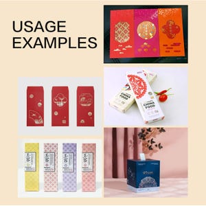 May include: A collection of red envelopes with gold accents and various designs, including a bird, a deer, and a floral pattern. There are also boxes with Chinese food packaging and a box with a floral design.