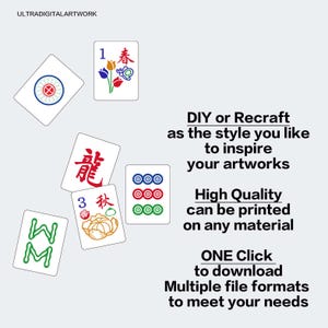 May include: An image featuring several Mahjong tiles with various symbols and numbers. The text on the image says "DIY or Recraft", "High Quality", and "ONE Click to download". The background is a light gray color.