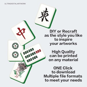 Puede incluir: Un conjunto de fichas de Mahjong blancas con bordes verdes, con varios s&iacute;mbolos y caracteres chinos. La imagen incluye texto: "DIY or Recraft", "High Quality", y "ONE Click to download".