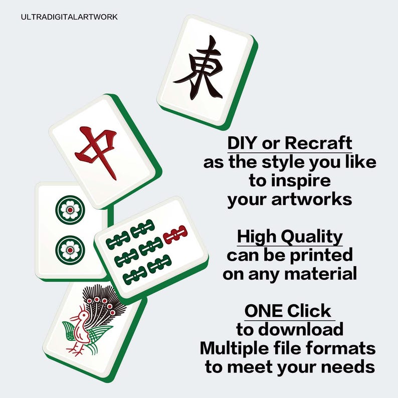 Puede incluir: Un conjunto de fichas de Mahjong blancas con bordes verdes, con varios s&iacute;mbolos y caracteres chinos. La imagen incluye texto: "DIY or Recraft", "High Quality", y "ONE Click to download".