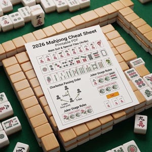 Könnte beinhalten: Ein Mahjong-Spiel mit Holzsteinen und einem gedruckten Spickzettel. Der Spickzettel trägt den Titel "2026 Mahjong Cheat Sheet" und enthält Diagramme und Regeln für das Spiel. Die Steine sind auf einer grünen Oberfläche angeordnet.