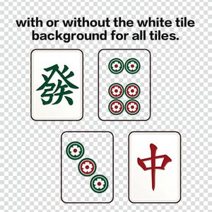 Puede incluir: Cuatro fichas de Mahjong con diferentes s&iacute;mbolos y caracteres. Una ficha tiene un car&aacute;cter verde, otra tiene seis s&iacute;mbolos de flores rojas y verdes, una tercera tiene tres s&iacute;mbolos de flores y la &uacute;ltima tiene un car&aacute;cter rojo. El texto en la parte superior dice "con o sin el fondo de mosaico blanco para todas las fichas."