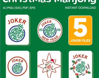 Imágenes prediseñadas de fichas de comodín de Mahjong navideñas – Pegatina digital para juego de casino (descarga instantánea)