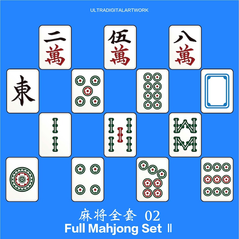 Puede incluir: Un conjunto de fichas de Mahjong sobre un fondo azul. Las fichas presentan caracteres chinos y varios s&iacute;mbolos en rojo, verde y negro. El texto "Full Mahjong Set II" est&aacute; en la parte inferior.