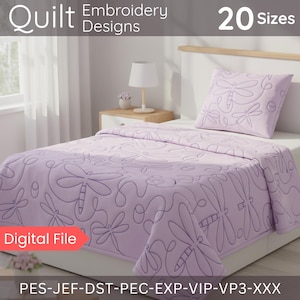 May include: A lavender quilt and pillow set with dragonfly embroidery designs. The quilt is draped over a bed, with the text "Quilt Embroidery Designs" and "20 Sizes" visible. The words "Digital File" are also present.