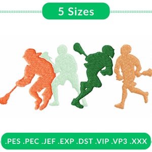 Puede incluir: Un diseño bordado con cuatro jugadores de lacrosse en acción, en tonos naranja, verde y verde claro. El texto "5 Sizes" está encima de las figuras, y las extensiones de tipo de archivo se enumeran a continuación.