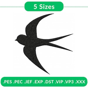 Op de afbeelding: Een zwart geborduurd zwaluwontwerp, met uitgestrekte vleugels, wordt in profiel getoond. De afbeelding bevat de tekst "5 Maten" in een groene afgeronde rechthoek. Hieronder staan bestandsformaten vermeld: .PES .PEC .JEF .EXP .DST .VIP .VP3 .XXX.