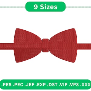 May include: A red bow tie design with a textured appearance. The image includes the text "9 Sizes" in a green rounded rectangle. Below, the image lists file formats: .PES .PEC .JEF .EXP .DST .VIP .VP3 .XXX.