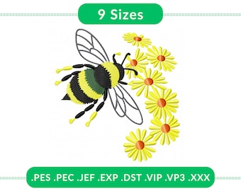 Bumblebee and Daisies Embroidery Design | Bee Machine Embroidery Pattern in 9 Sizes | Flower Garden Insect Stitch Pattern