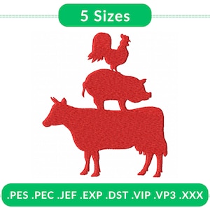 May include: Red silhouette embroidery design of a cow, pig, and rooster stacked on top of each other. The design is available in five sizes and in the following formats: PES, PEC, JEF, EXP, DST, VIP, VP3, XXX.