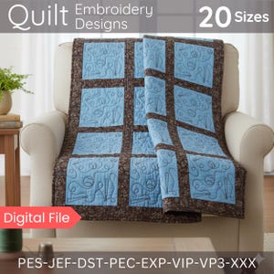 May include: A blue and brown quilt with baseball-themed embroidery designs. The quilt is draped over a beige armchair. The image includes the text "Quilt Embroidery Designs 20 Sizes" and "Digital File".
