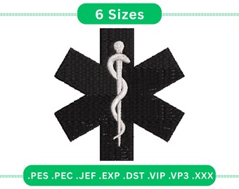 Star of Life Embroidery Design | Medical Symbol with Rod of Asclepius | EMT Paramedic Nurse Logo | 6 Sizes | Digital File