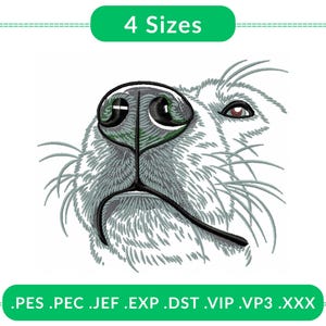 Puede incluir: Diseño bordado de la cara de un perro, centrado en la nariz y los ojos. El diseño es en tonos grises y negros, con un acento verde en la nariz. El texto "4 Tamaños" está en la parte superior y las extensiones de tipo de archivo en la parte inferior.