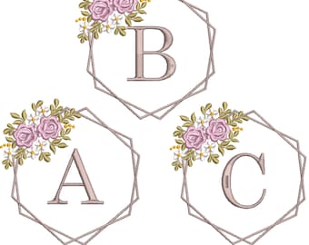 Floral Monogram Embroidery design, A–Z Letters, Geometric Frame Rose Design | 2 Sizes | Machine Embroidery Pattern | Instant Download