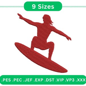 Female Surfer Embroidery Design, Woman on Surfboard Silhouette, Girl Power Beach Digital Download, Multiple Sizes, Machine Embroidery File.