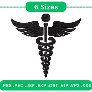 Caduceus Embroidery Design - Traditional Medical Symbol with Snakes and Wings Instant Download - 6 Sizes