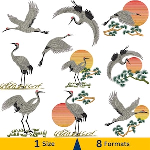 May include: Embroidered crane designs in various poses, including flying and standing, with a red sun and pine branches. The cranes are grey with black wingtips and red head markings. The image includes the text "1 Size" and "8 Formats".