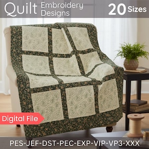 Puede incluir: Un edredón floral con fondo crema y bordes verde oscuro está sobre una silla. El edredón presenta diseños de rosas bordadas dentro de paneles cuadrados. Las palabras "Quilt Embroidery Designs" y "20 Sizes" son visibles. Las palabras "Digital File" también son visibles.