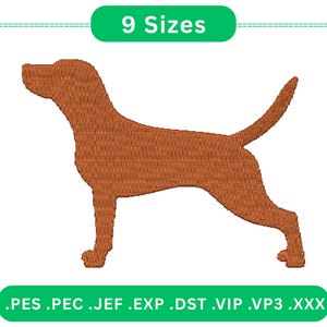 May include: A brown embroidered dog silhouette. The image includes the text "9 Sizes" in a green rounded rectangle at the top and file type extensions at the bottom. The dog is facing left with its tail up.
