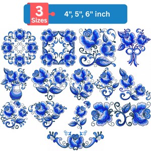 Könnte beinhalten: Eine Sammlung blauer Blumendesigns in verschiedenen Anordnungen, darunter kreisförmige, quadratische und Bouquet-Stile. Die Designs sind in den Größen 10,16 cm, 12,7 cm und 15,24 cm erhältlich, wie im Text angegeben. Die floralen Muster zeigen detaillierte blaue Blütenblätter und grüne Blätter.