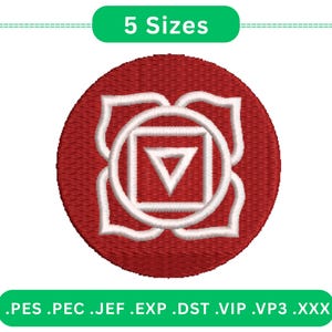 May include: A red embroidered design with a white floral pattern and a central geometric shape. The image includes the text "5 Sizes" in a green banner and file type extensions at the bottom.