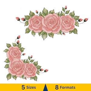 May include: Embroidered floral design featuring pink roses, green leaves, and buds. The design is available in 5 sizes and 8 formats. The floral arrangement is suitable for various craft projects.