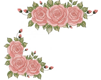 Rose Bouquet Embroidery Design Set, Floral Rose Border & Corner, Vintage Flower Machine Embroidery - 5 size