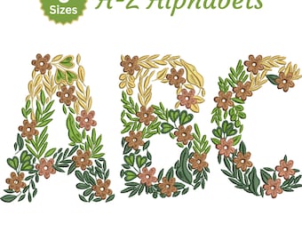 Botanical Floral Alphabet Embroidery Font A–Z, BX + 9 Formats | Floral Font Machine Embroidery Design – 6 Sizes