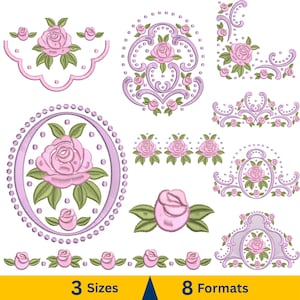 Könnte beinhalten: Eine Sammlung gestickter Blumendesigns mit rosa Rosen und grünen Blättern. Die Designs umfassen ovale Rahmen, Bordüren und dekorative Elemente. Das Bild enthält auch den Text "3 Größen" und "8 Formate" auf gelbem und blauem Hintergrund.